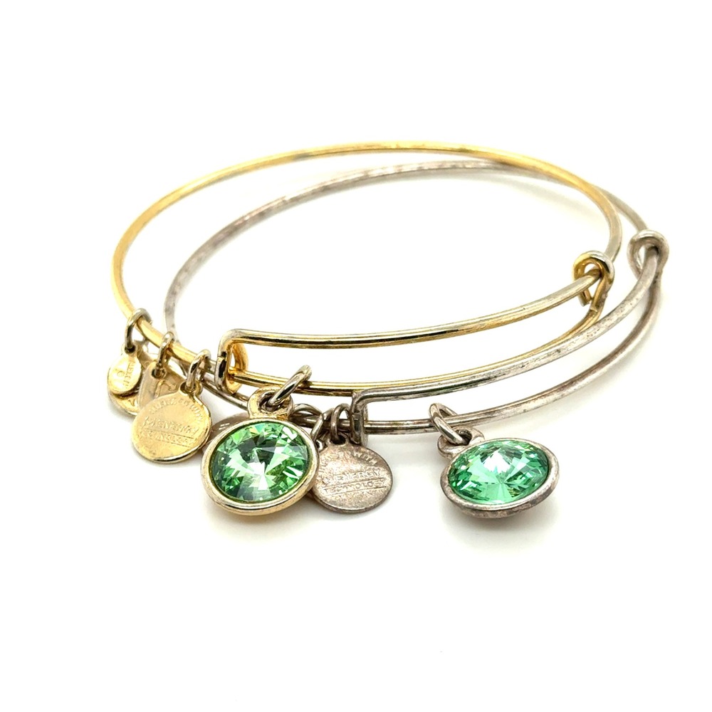 Alex and Ani Green Crystal Bangle Bracelet Set Silver Gold Tone Mixed Metal 2pc